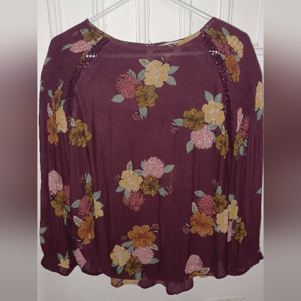 LOFT Womens Top Burgundy Large Floral Long Sleeves Lattice Detail